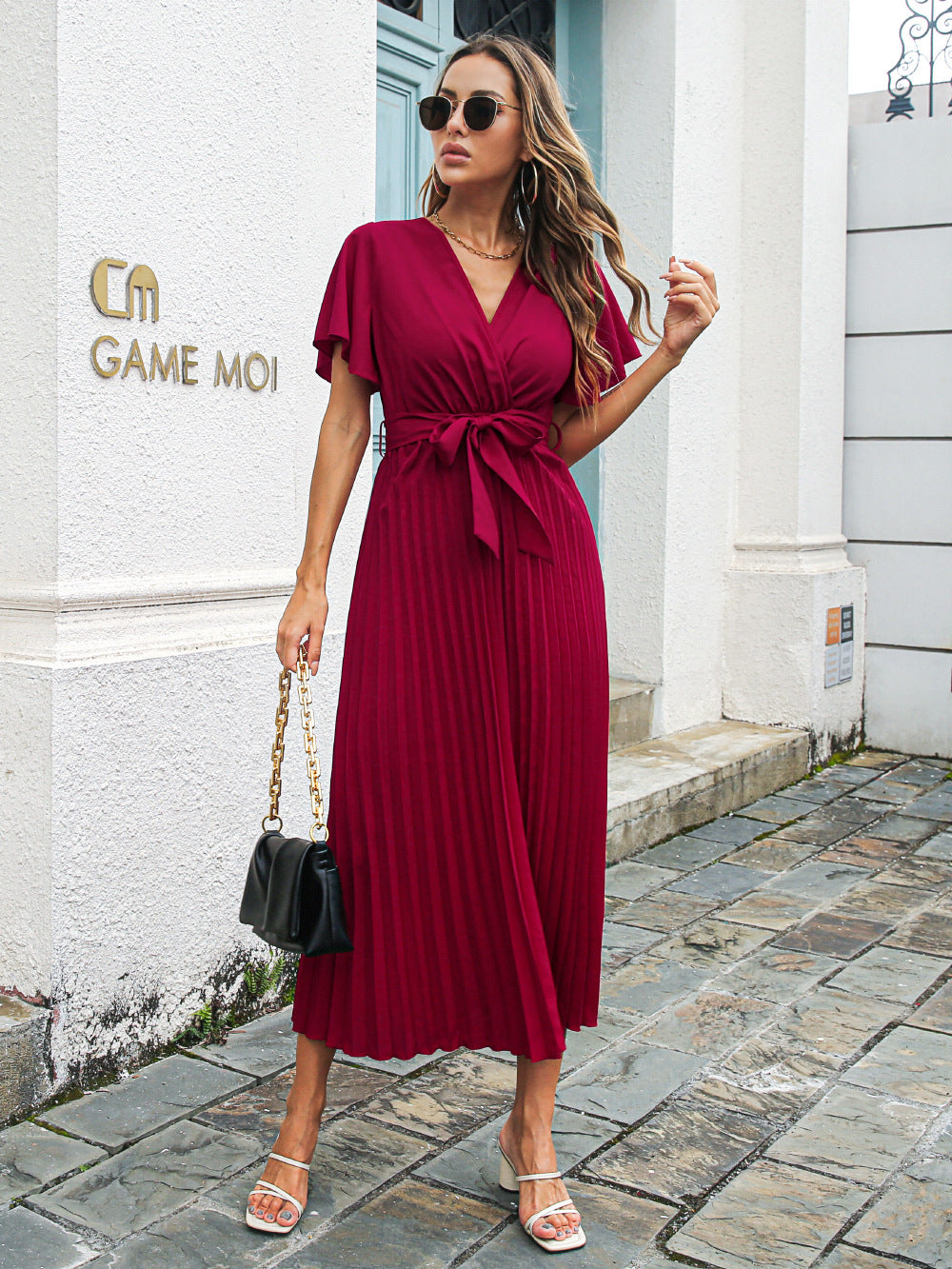 Spring Summer Casual Lotus Leaf Sleeves Lace-up Pleated Chiffon Maxi Dress - ANIBEY