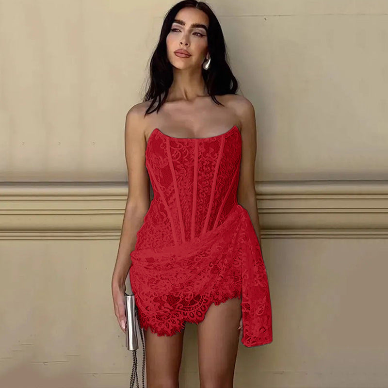 Strapless Lace Dress Party Women Fashion And Sexy Slim Skirt With Back Lace-up Design - ANIBEY