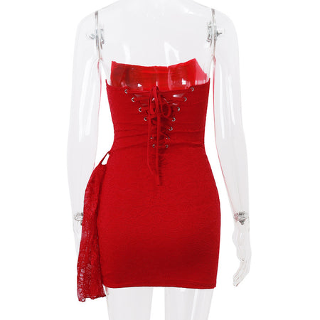 Strapless Lace Dress Party Women Fashion And Sexy Slim Skirt With Back Lace-up Design - ANIBEY
