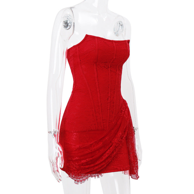 Strapless Lace Dress Party Women Fashion And Sexy Slim Skirt With Back Lace-up Design - ANIBEY