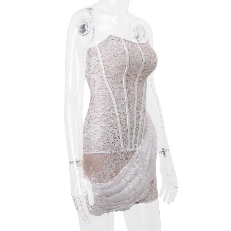 Strapless Lace Dress Party Women Fashion And Sexy Slim Skirt With Back Lace-up Design - ANIBEY