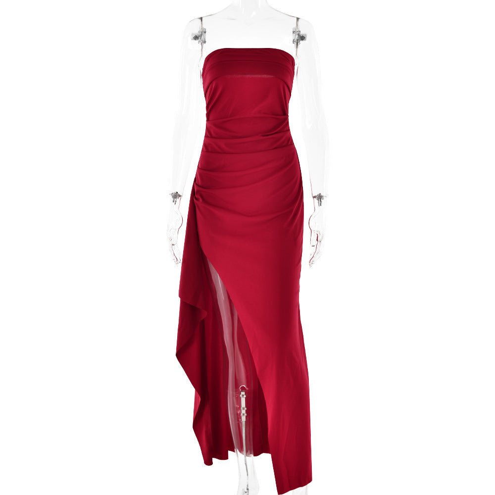 Strapless Split Long Dress Summer Fashion Pleated Bridesmaid Dress For Womens Party Wedding Clothing - ANIBEY