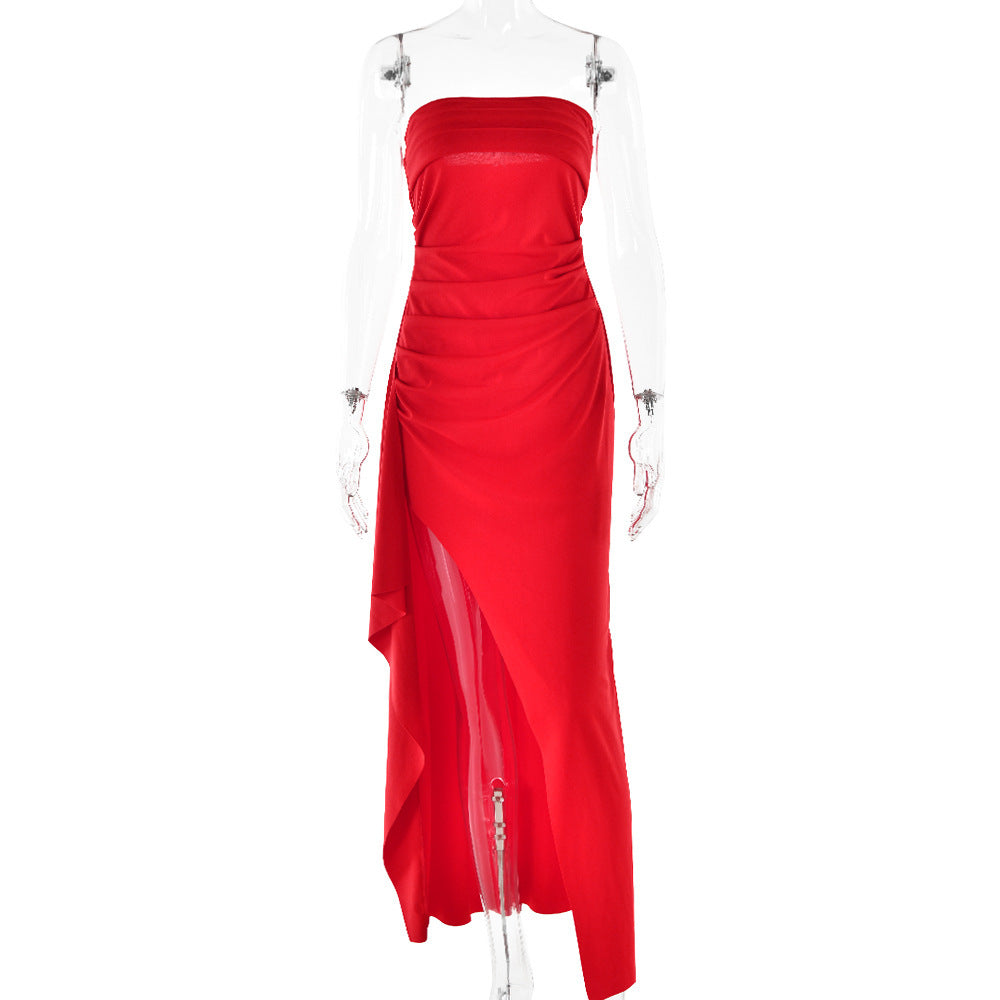 Strapless Split Long Dress Summer Fashion Pleated Bridesmaid Dress For Womens Party Wedding Clothing - ANIBEY