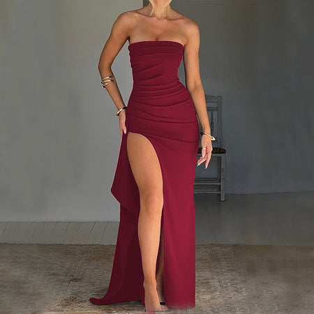 Strapless Split Long Dress Summer Fashion Pleated Bridesmaid Dress For Womens Party Wedding Clothing - ANIBEY