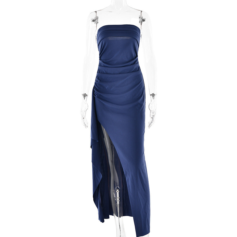 Strapless Split Long Dress Summer Fashion Pleated Bridesmaid Dress For Womens Party Wedding Clothing - ANIBEY