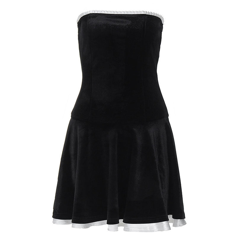 Suede Patchwork Ruffled Chest-wrapped Pleated Princess Dress For Women - ANIBEY