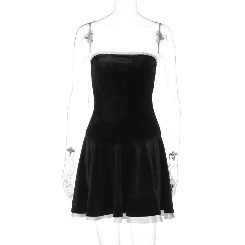 Suede Patchwork Ruffled Chest-wrapped Pleated Princess Dress For Women - ANIBEY