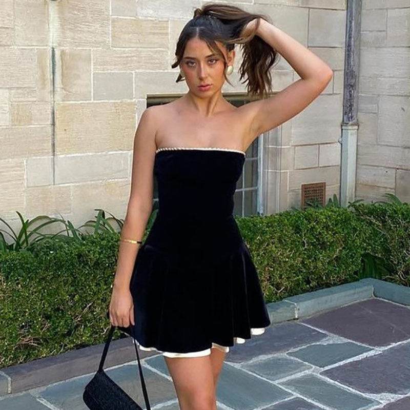 Suede Patchwork Ruffled Chest-wrapped Pleated Princess Dress For Women - ANIBEY