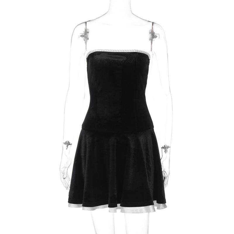 Suede Patchwork Ruffled Chest-wrapped Pleated Princess Dress For Women - ANIBEY