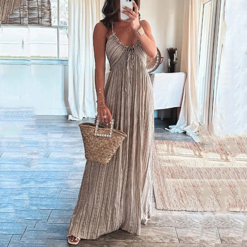 Summer New Solid Color Sexy Backless U-neck Strap Back Dress - ANIBEY
