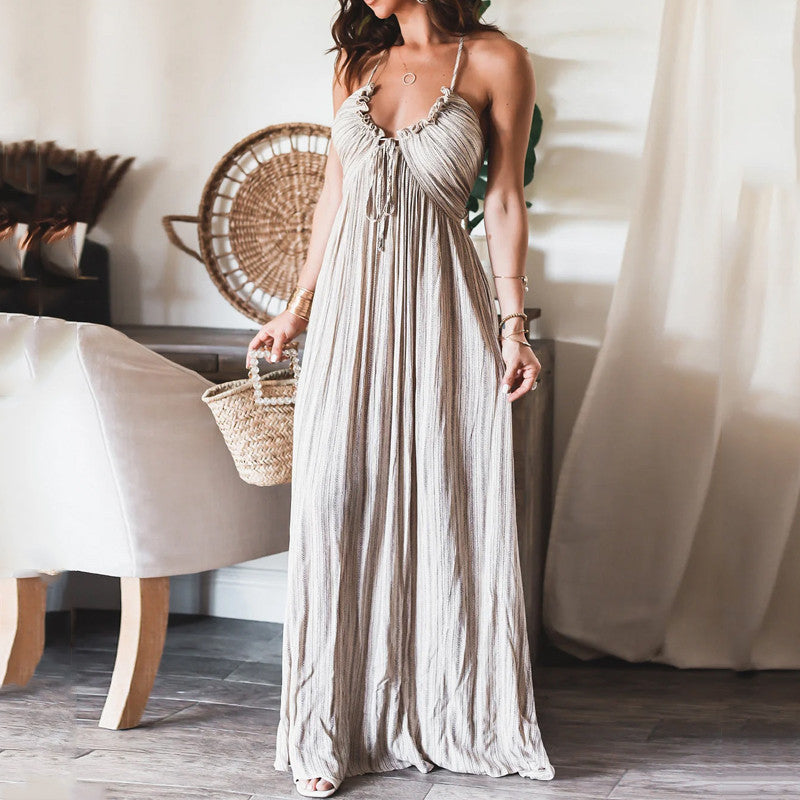 Summer New Solid Color Sexy Backless U-neck Strap Back Dress - ANIBEY