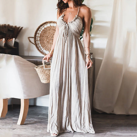 Summer New Solid Color Sexy Backless U-neck Strap Back Dress - ANIBEY