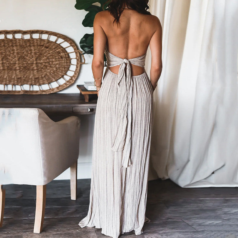 Summer New Solid Color Sexy Backless U-neck Strap Back Dress - ANIBEY