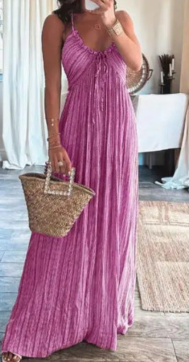 Summer New Solid Color Sexy Backless U-neck Strap Back Dress - ANIBEY