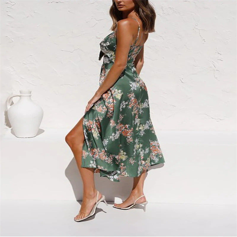 Suspender Women's Printed Wear Bow Beach Dress - ANIBEY