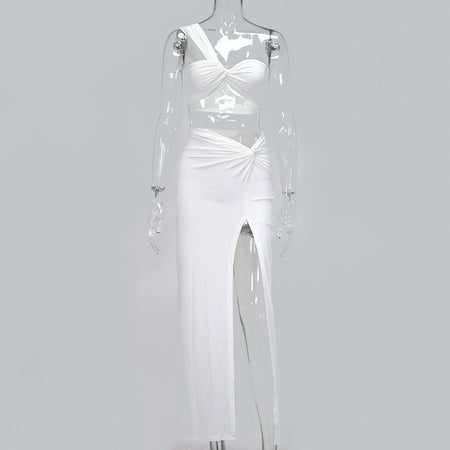 Temperament Elastic Tube Top Irregular Top + Twisted Slit High Waist Skirt Suit Y - ANIBEY