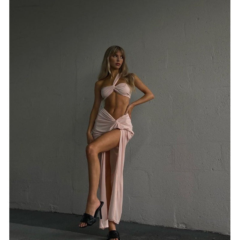 Temperament Elastic Tube Top Irregular Top + Twisted Slit High Waist Skirt Suit Y - ANIBEY