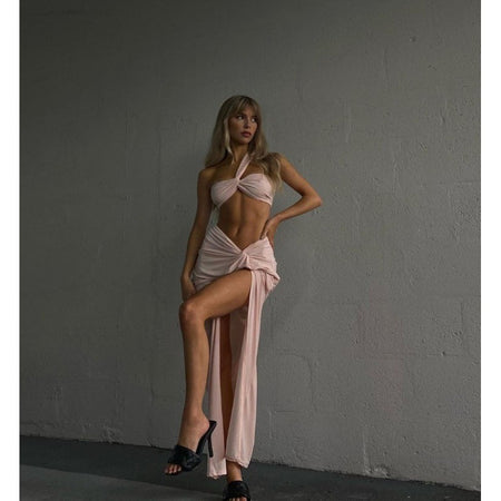 Temperament Elastic Tube Top Irregular Top + Twisted Slit High Waist Skirt Suit Y - ANIBEY