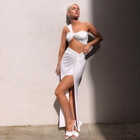 Temperament Elastic Tube Top Irregular Top + Twisted Slit High Waist Skirt Suit Y - ANIBEY