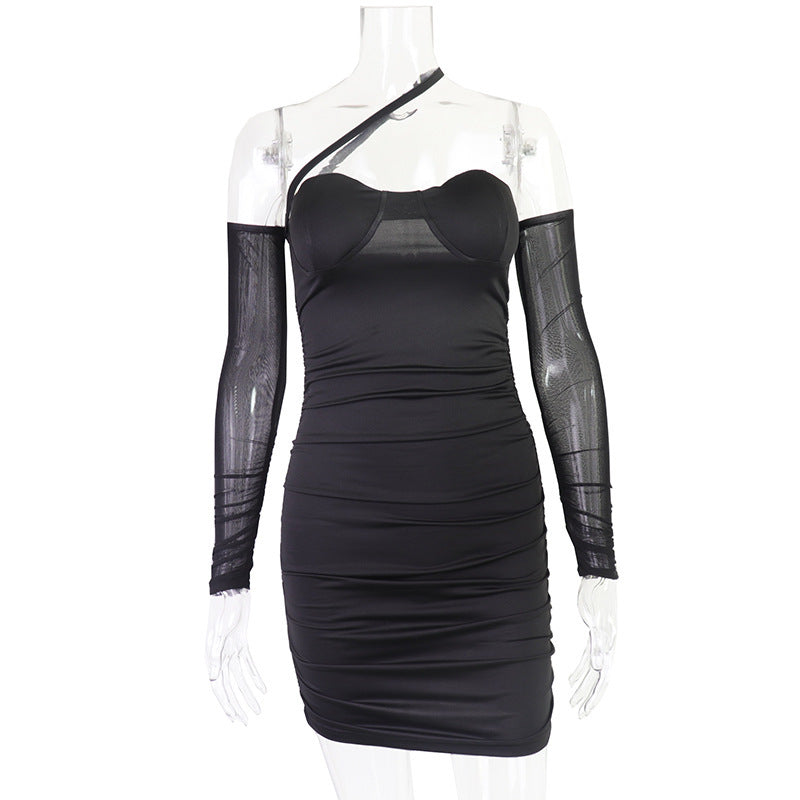 Temperament Sexy Mesh Stitching Backless Pleated Wrap Chest And Hip Dress - ANIBEY