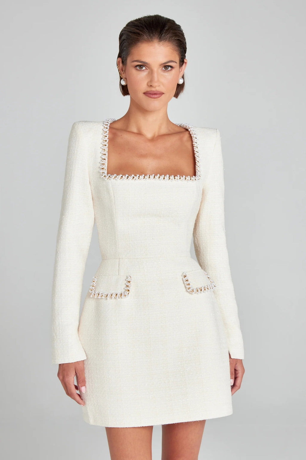 U-neck Long Sleeved Beaded Dress - ANIBEY