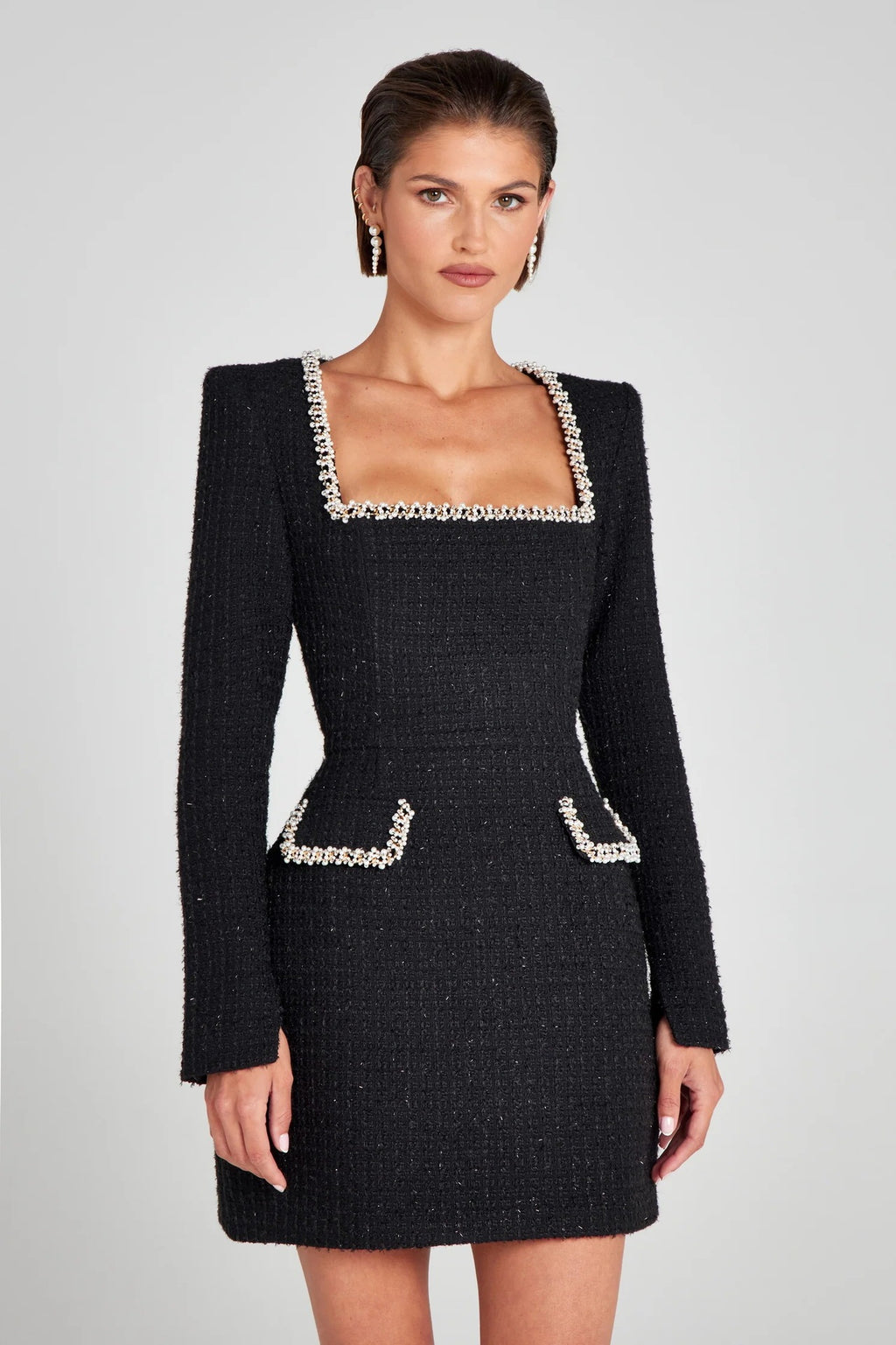 U-neck Long Sleeved Beaded Dress - ANIBEY