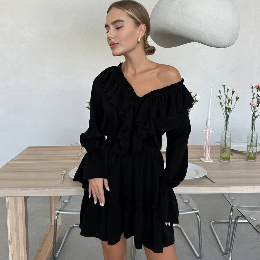 V Neck Pleated Ruffle Long Sleeve Y2K V Neck Flared Sleeve Short Women's Dress - ANIBEY