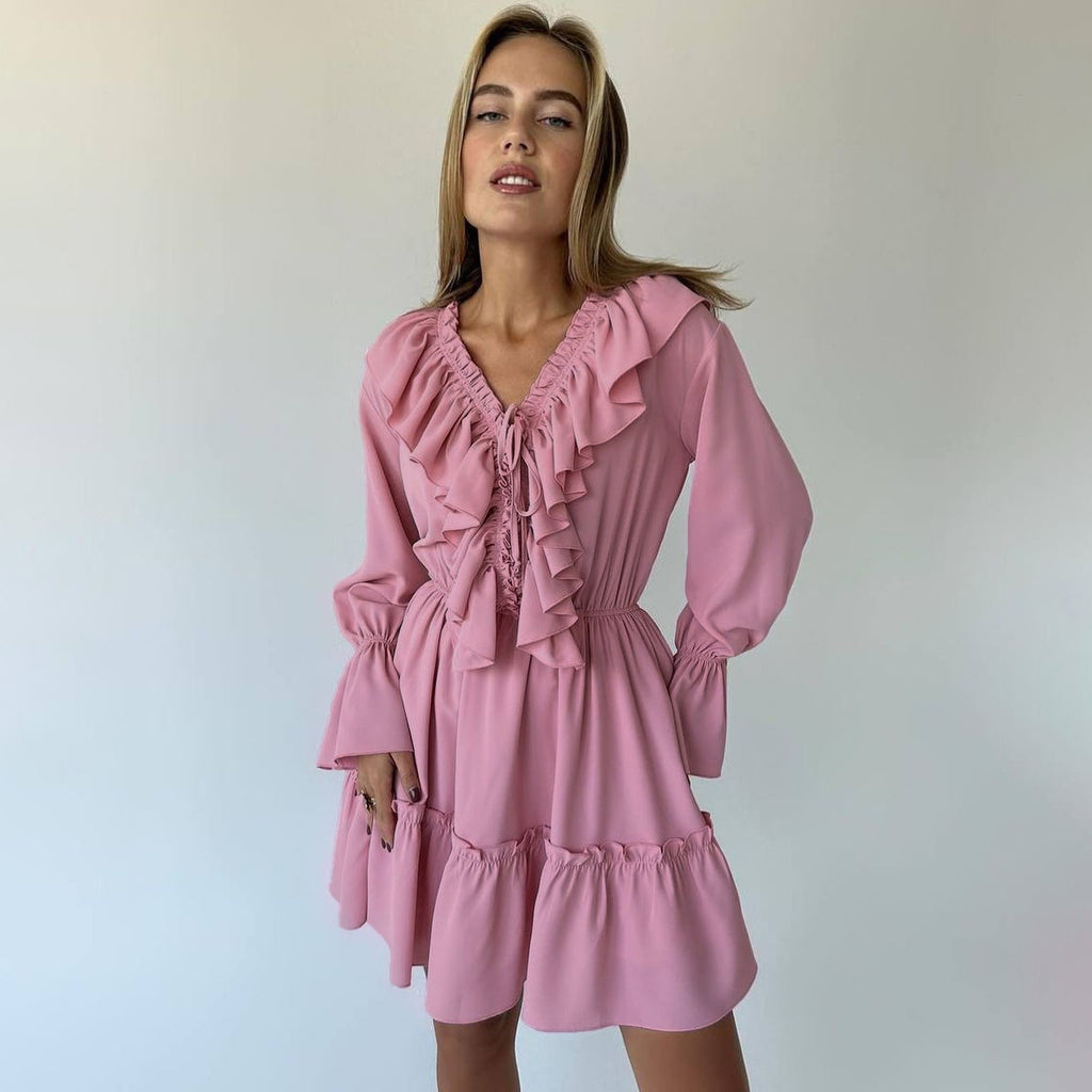 V Neck Pleated Ruffle Long Sleeve Y2K V Neck Flared Sleeve Short Women's Dress - ANIBEY
