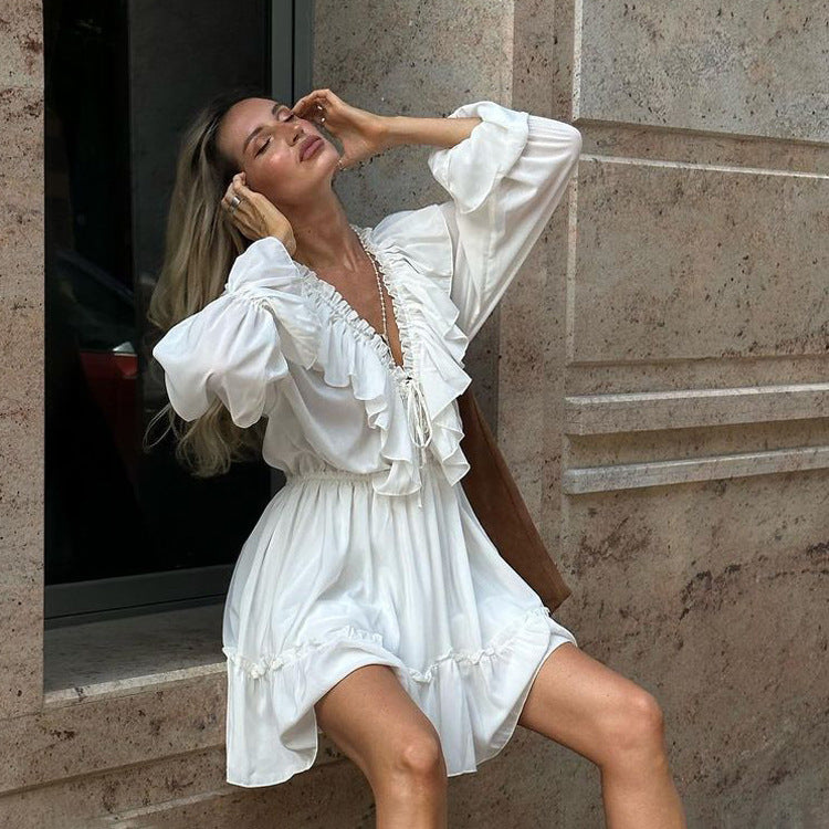 V Neck Pleated Ruffle Long Sleeve Y2K V Neck Flared Sleeve Short Women's Dress - ANIBEY