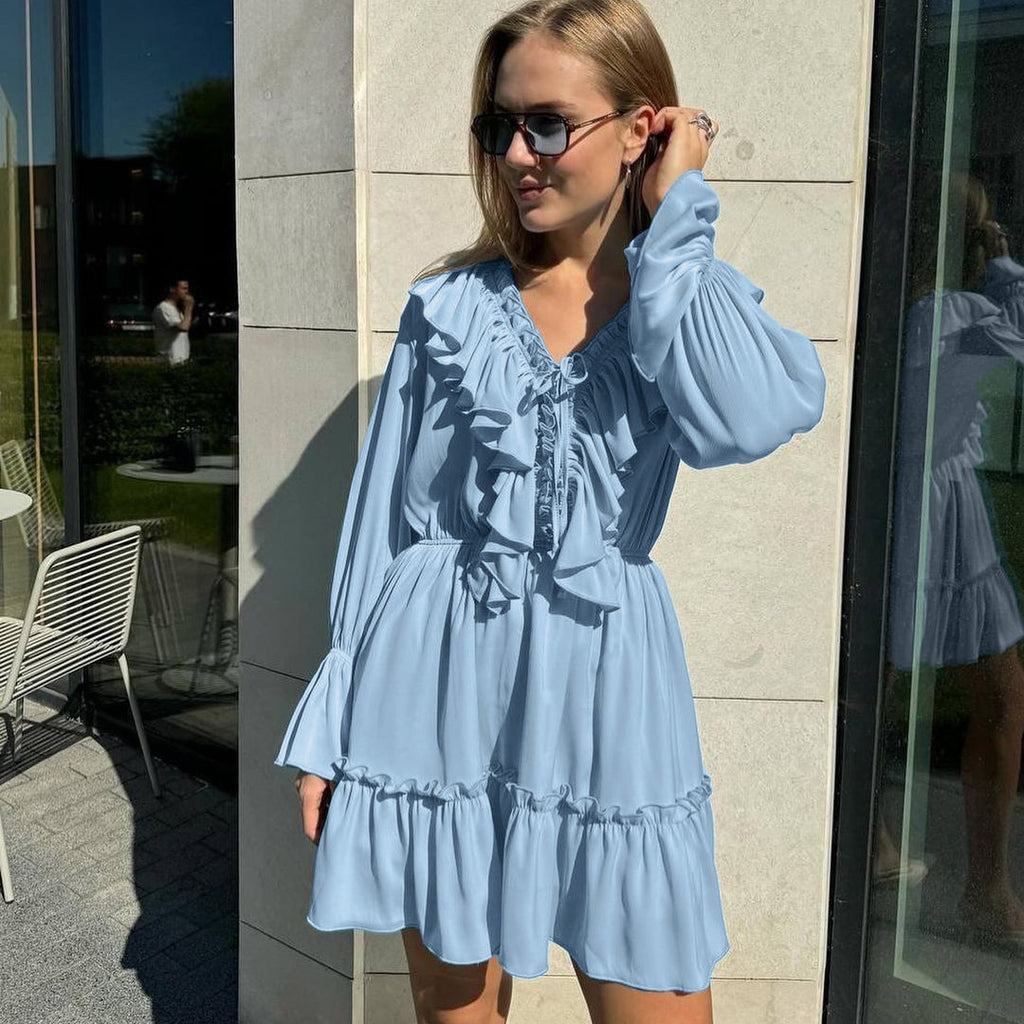 V Neck Pleated Ruffle Long Sleeve Y2K V Neck Flared Sleeve Short Women's Dress - ANIBEY
