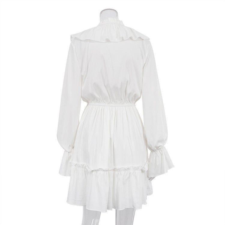 V Neck Pleated Ruffle Long Sleeve Y2K V Neck Flared Sleeve Short Women's Dress - ANIBEY