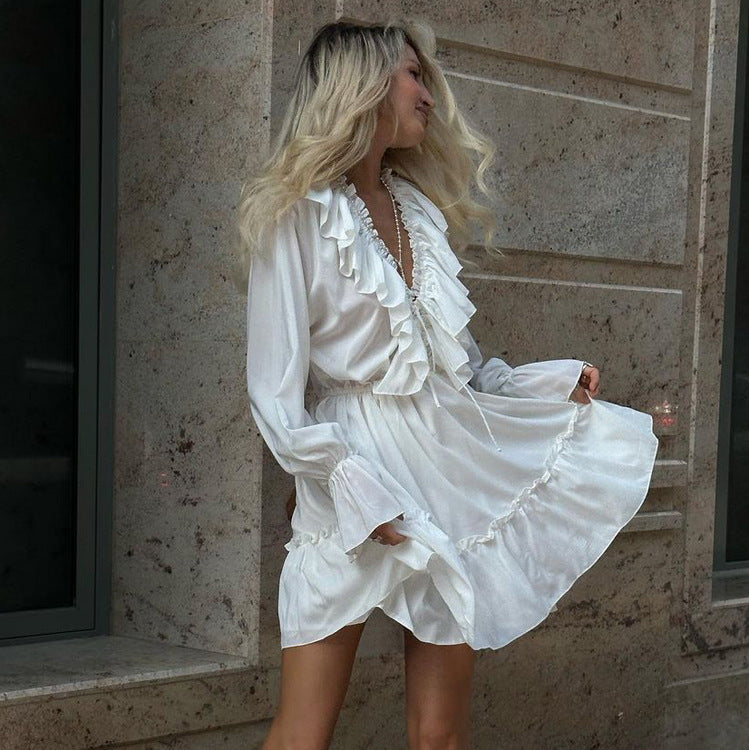 V Neck Pleated Ruffle Long Sleeve Y2K V Neck Flared Sleeve Short Women's Dress - ANIBEY