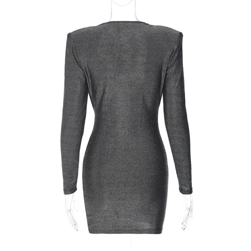 V-Neck Pleated Shoulder Long Sleeve Dress - ANIBEY