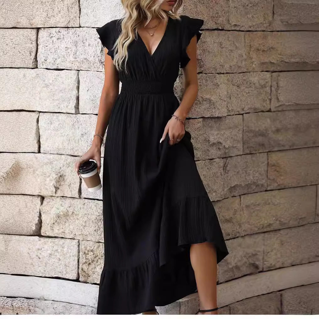 V-neck Ruffled Sleeve Solid Color Dress Leisure Vacation A- Line Skirt - ANIBEY