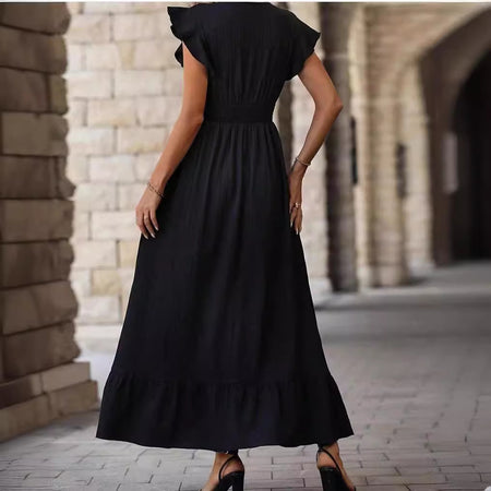 V-neck Ruffled Sleeve Solid Color Dress Leisure Vacation A- Line Skirt - ANIBEY