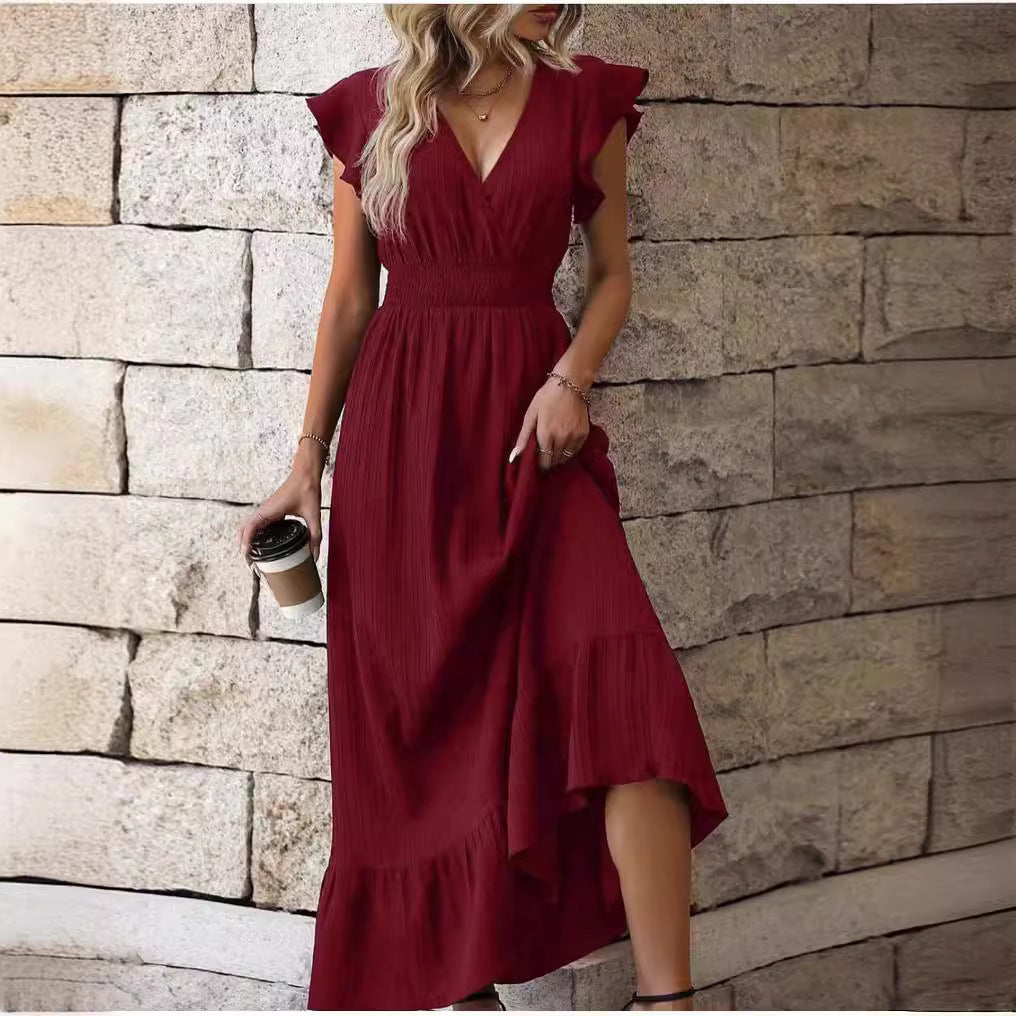 V-neck Ruffled Sleeve Solid Color Dress Leisure Vacation A- Line Skirt - ANIBEY
