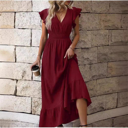V-neck Ruffled Sleeve Solid Color Dress Leisure Vacation A- Line Skirt - ANIBEY