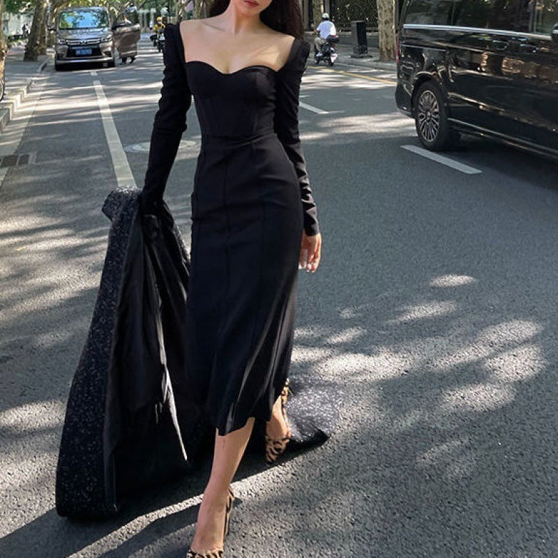 Vintage French Style Square Neck Long Sleeve Dress - ANIBEY