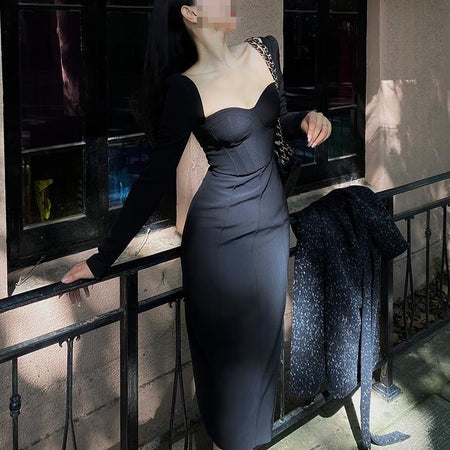 Vintage French Style Square Neck Long Sleeve Dress - ANIBEY