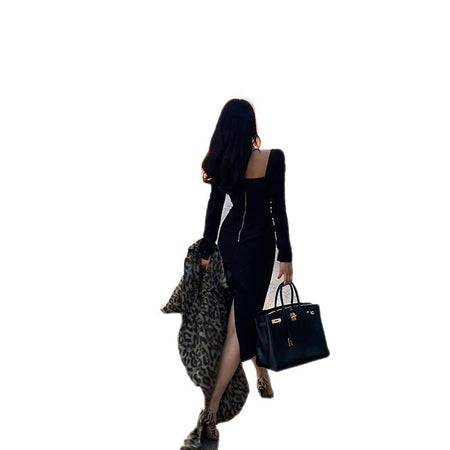 Vintage French Style Square Neck Long Sleeve Dress - ANIBEY