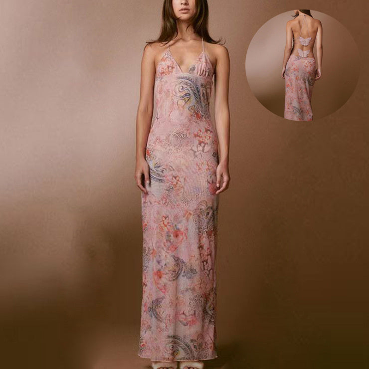 Woman Floral Print Halter Spaghetti Straps Dress Sexy Slim Butterfly Back Dress - ANIBEY
