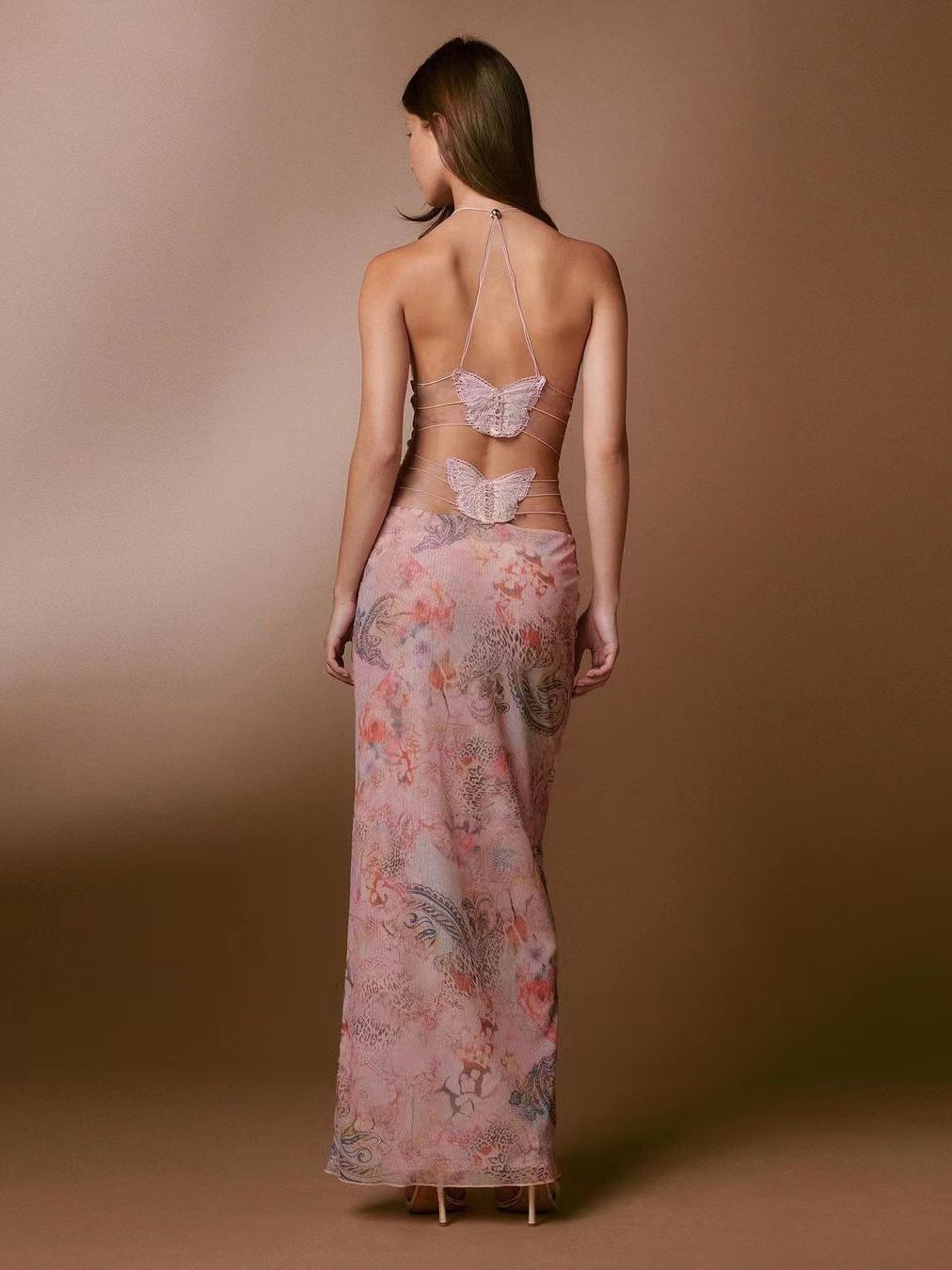 Woman Floral Print Halter Spaghetti Straps Dress Sexy Slim Butterfly Back Dress - ANIBEY