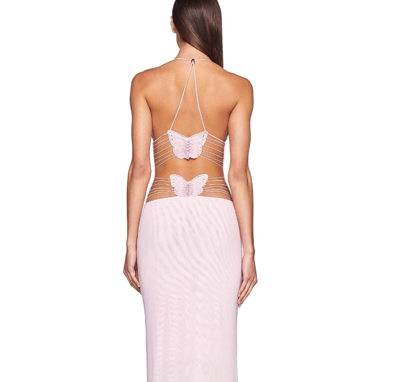 Woman Floral Print Halter Spaghetti Straps Dress Sexy Slim Butterfly Back Dress - ANIBEY