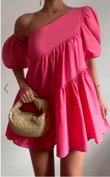 Women's Casual Loose Off-the-shoulder Puff Sleeves Stitching Short Sleeve Dress - ANIBEY