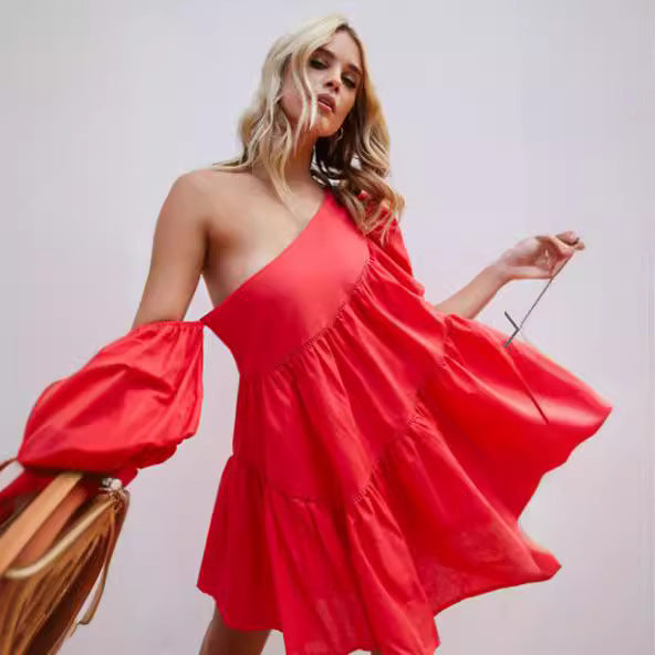 Women's Casual Loose Off-the-shoulder Puff Sleeves Stitching Short Sleeve Dress - ANIBEY