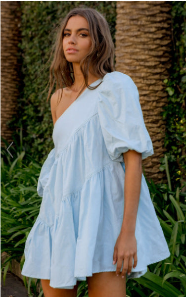 Women's Casual Loose Off-the-shoulder Puff Sleeves Stitching Short Sleeve Dress - ANIBEY