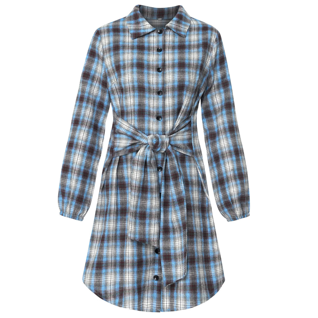 Women's Clothing Foreign Trade Fashion Plaid Drawstring Waist-tight Dress - ANIBEY