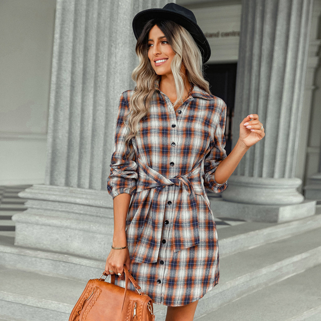 Women's Clothing Foreign Trade Fashion Plaid Drawstring Waist-tight Dress - ANIBEY