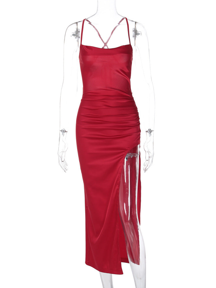 Women's Clothing Pure Color Halter Backless Thin Strap Hip Bag Dress - ANIBEY