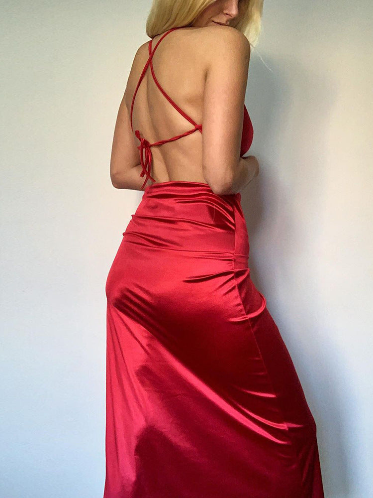Women's Clothing Pure Color Halter Backless Thin Strap Hip Bag Dress - ANIBEY